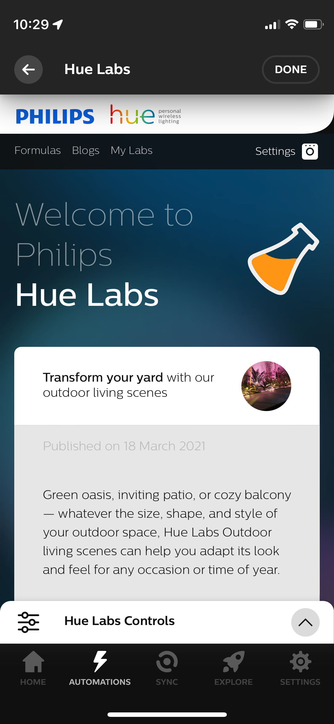Страница Hue Labs в приложении Hue