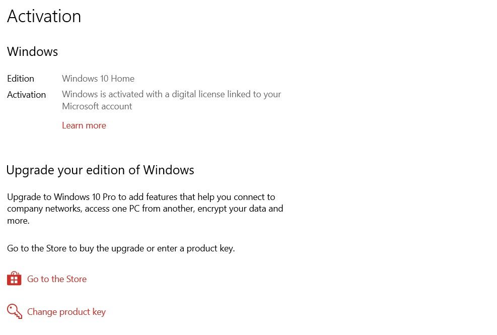 Настройки 'Активация' с цифровой лицензией, привязанной к учётной записи Microsoft