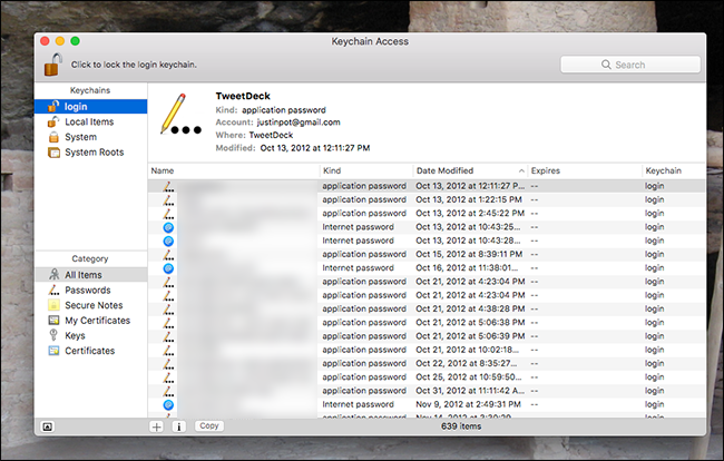 Основное окно Keychain Access с панелями