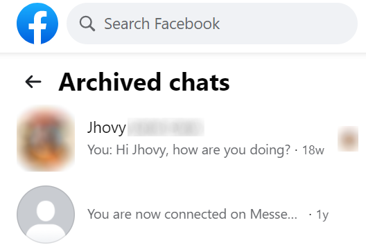Список архивированных чатов в левом столбце интерфейса Messenger на компьютере