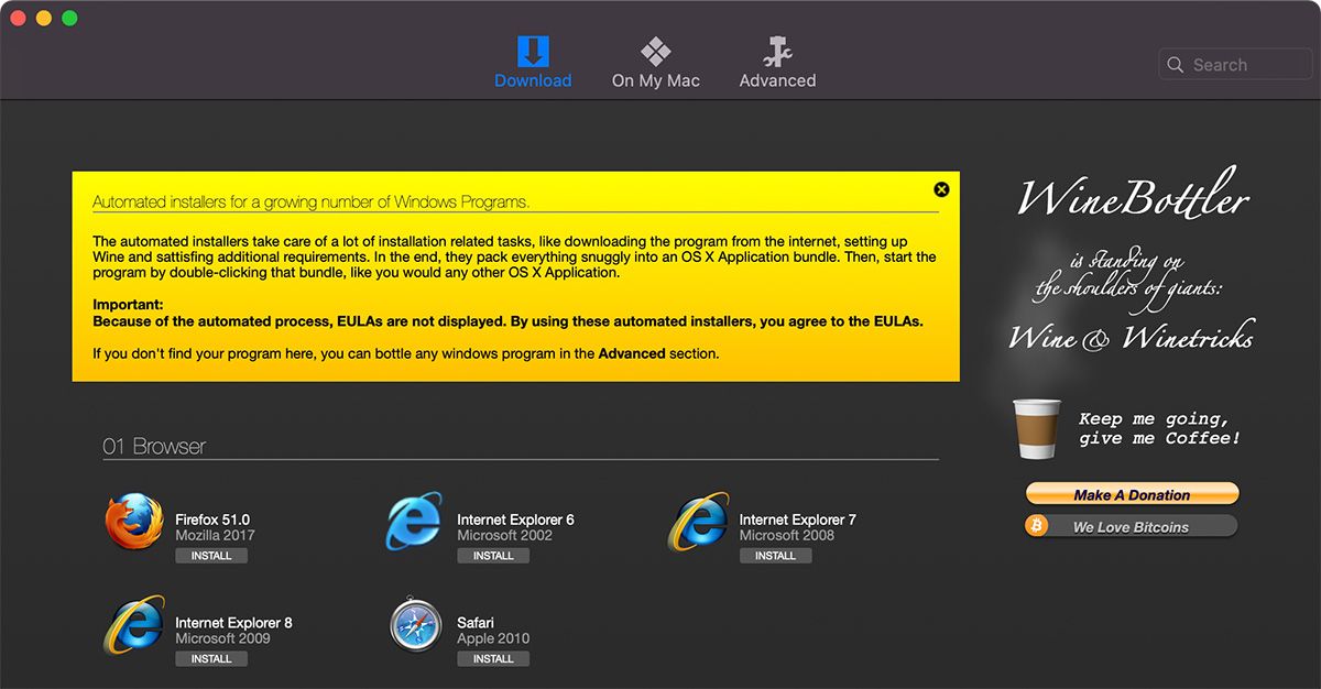 Using Winebottler to install Internet Explorer on macOS