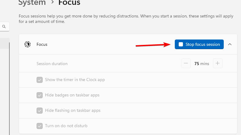 Кнопка «Остановить сеанс фокусировки» в Параметрах