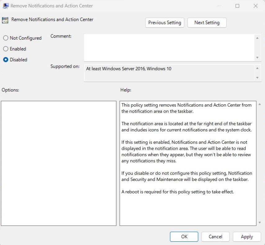 Параметр Remove Notifications and Action Center в списке политик