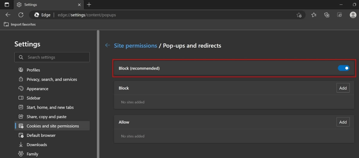 Включение блокировки всплывающих окон в Edge