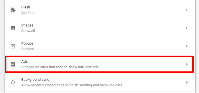 Скриншот: пункт Реклама в настройках сайтов Chrome