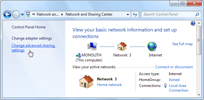 Переход в Центр управления сетями и общим доступом