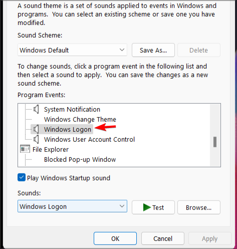 Окно Звуки с выделенным Windows Logon