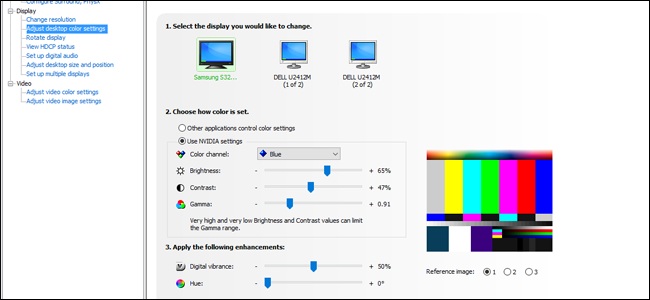 Интерфейс панели управления NVIDIA — регулировка цветовых каналов