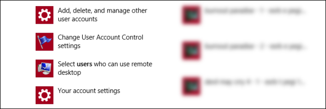 Экран поиска параметров учётных записей в Windows 8