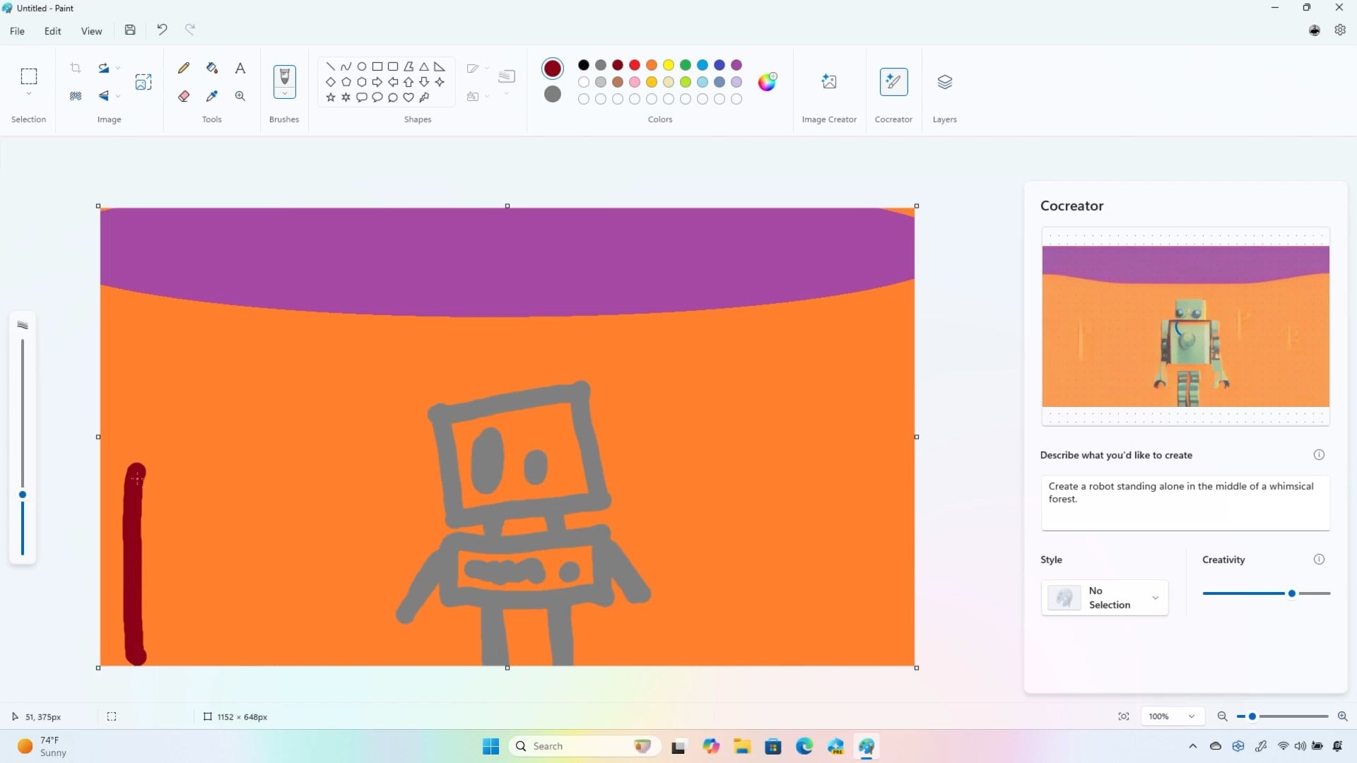 Интерфейс функции Cocreator в Microsoft Paint на Copilot+ ПК