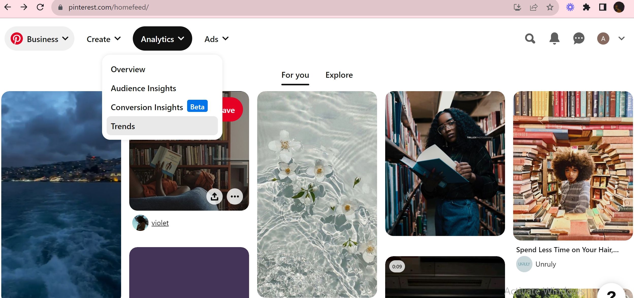 Доступ к меню Трендов в Аналитике Pinterest