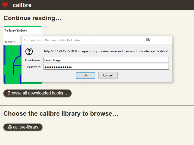 Страница входа Calibre Server