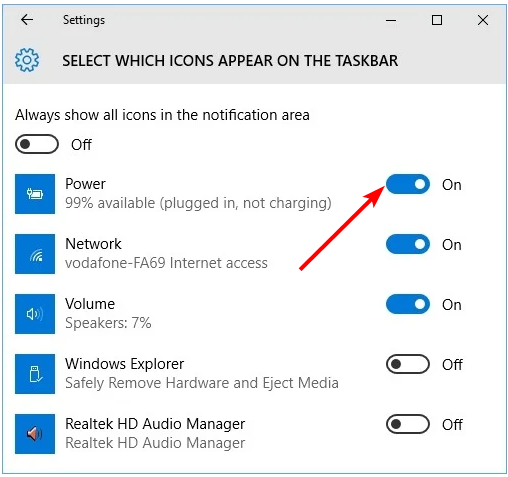 Переключатель отображения значка питания на панели задач