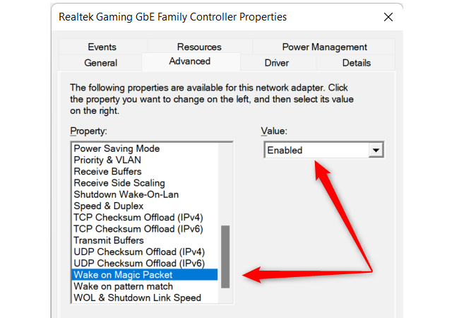Окно свойств Ethernet-контроллера с настройками magic packet