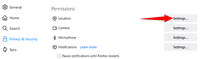Кнопка «Settings» рядом с опцией «Location» на странице настроек Firefox