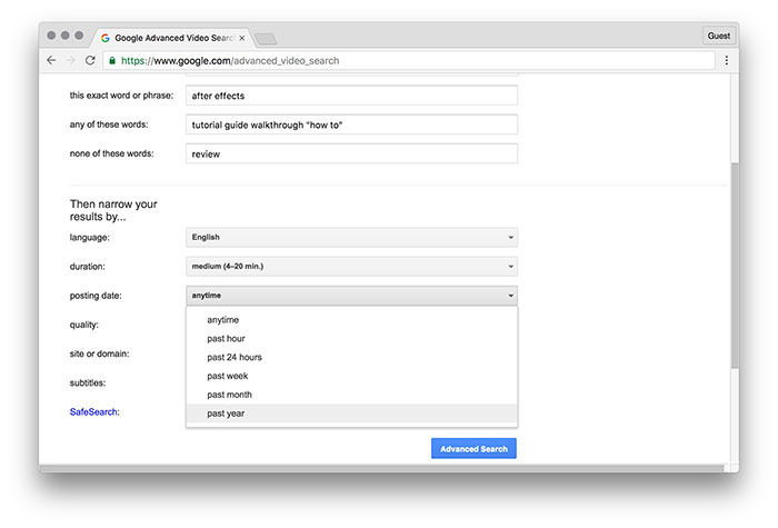 Опция фильтра по дате загрузки для видео, выбран недавний период