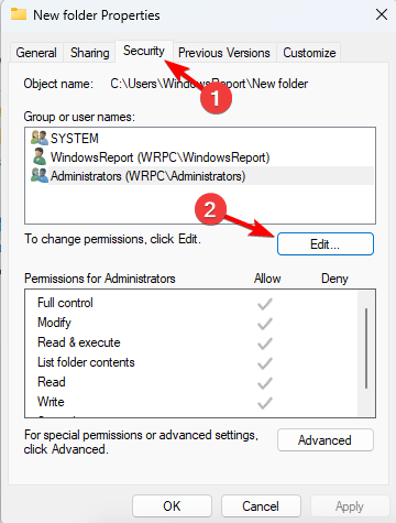 Вкладка Безопасность в свойствах файла Windows с кнопкой Изменить