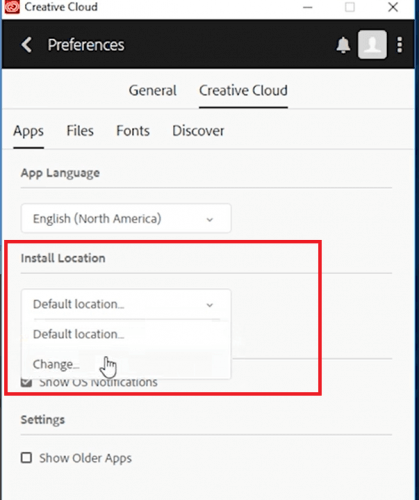 Переход к выбору папки установки Creative Cloud