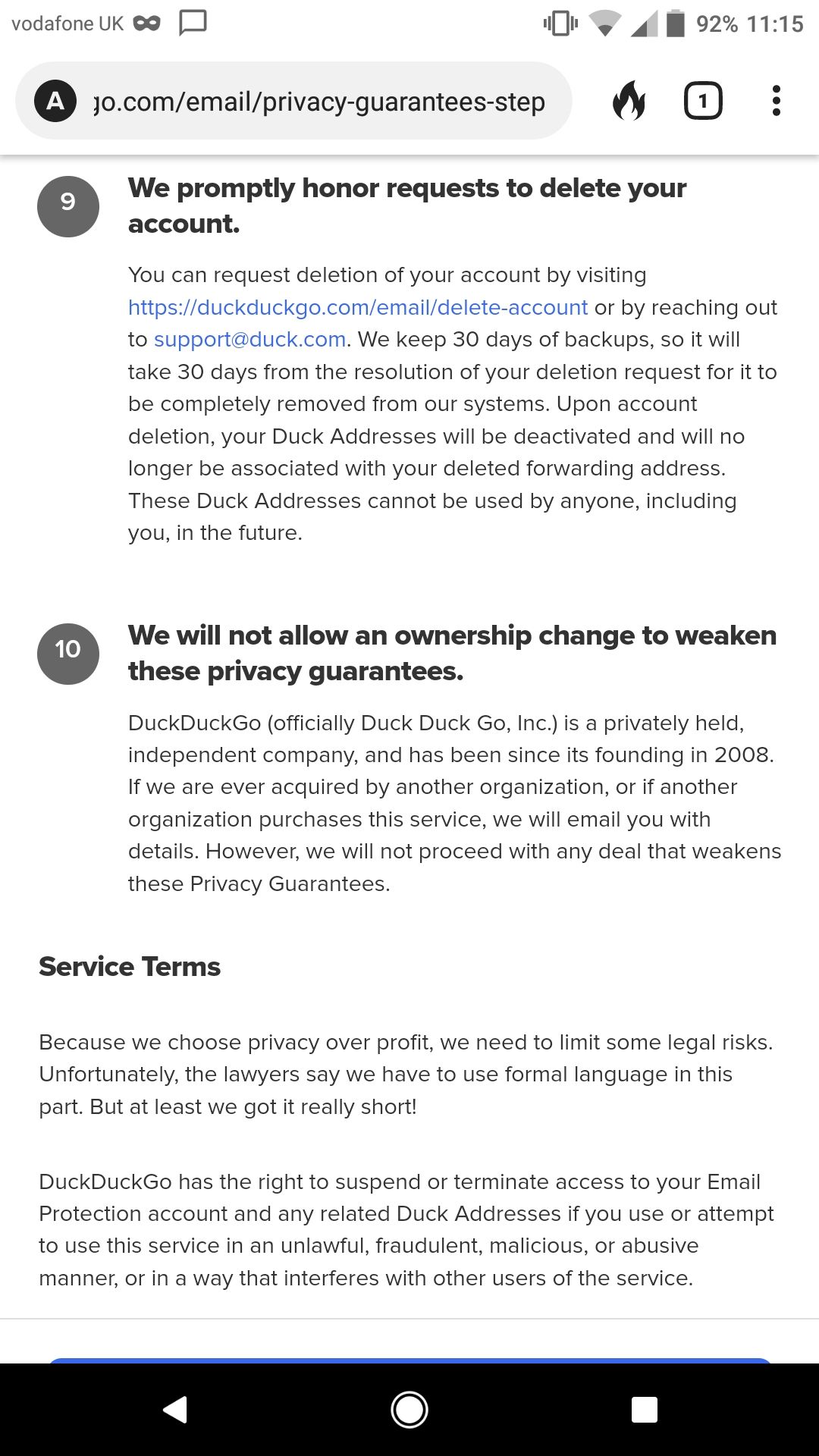 Скриншоты условий и интерфейса регистрации DuckDuckGo