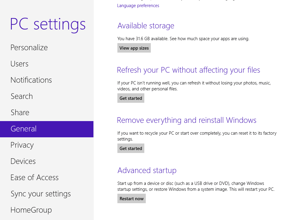 Окно параметров ПК Windows