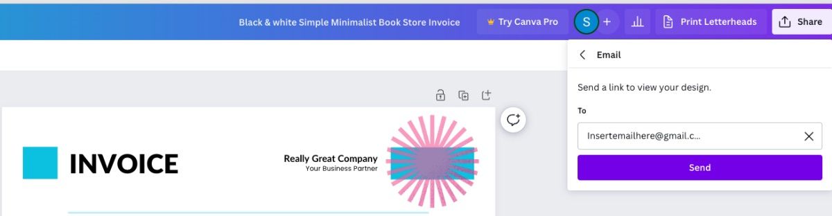 Отправка счёта по электронной почте через опцию Email в Canva