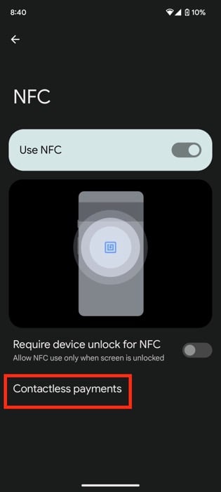 Ajustes de NFC en Android mostrando la opción para pagos sin contacto
