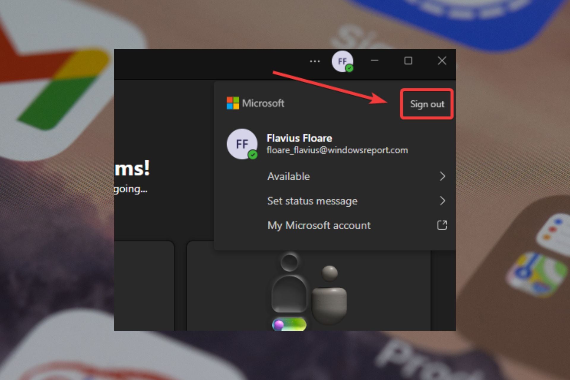 Кнопка выхода из Microsoft Teams в профиле пользователя