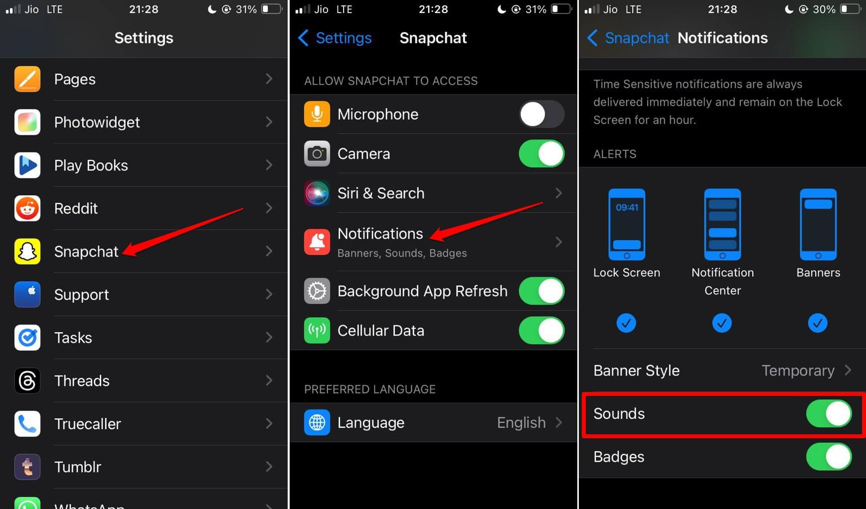 Включение звуков Snapchat в настройках iOS