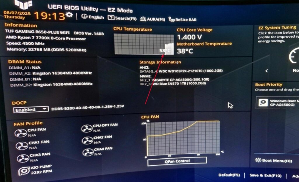 Пример экрана BIOS на материнской плате ASUS TUF Gaming с мониторингом температуры