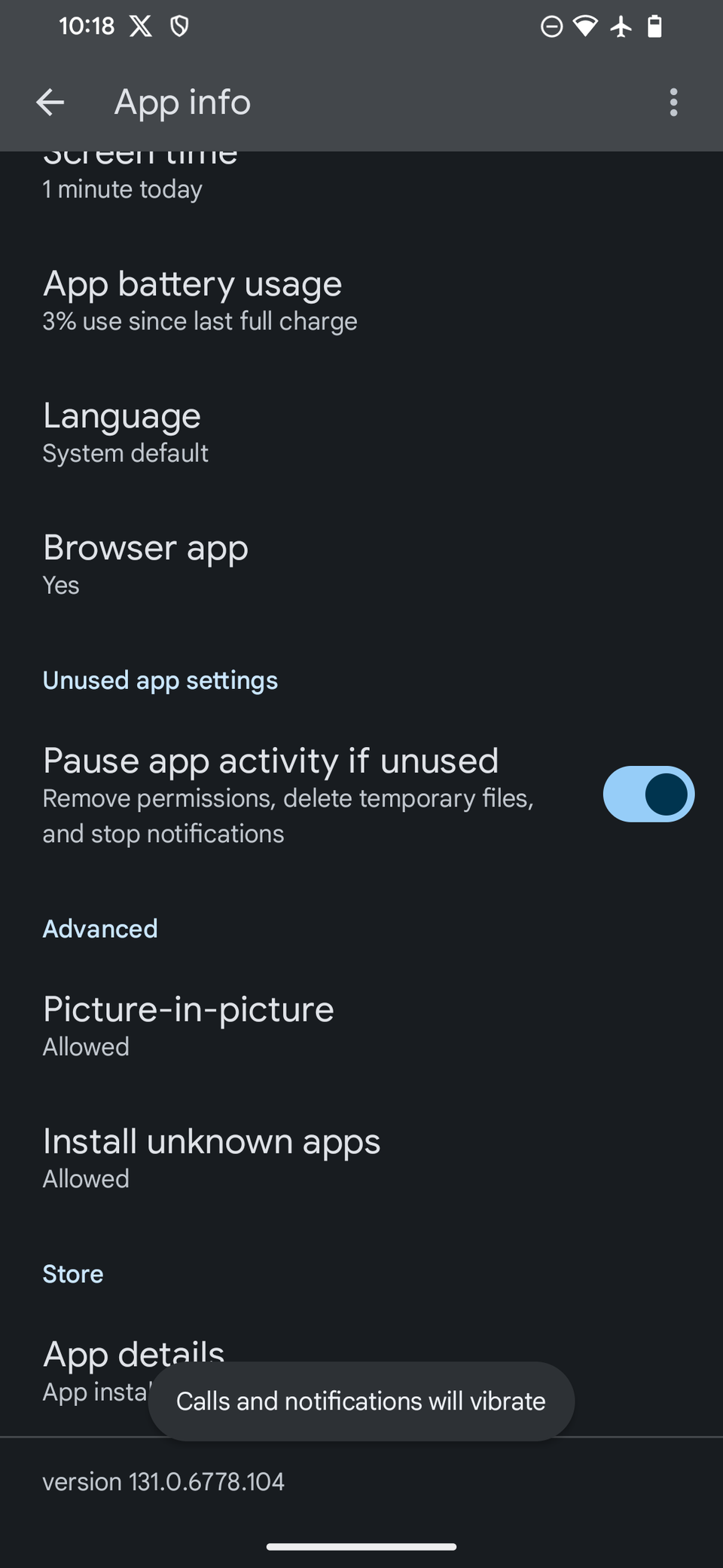 Меню сведений приложения Android для Chrome