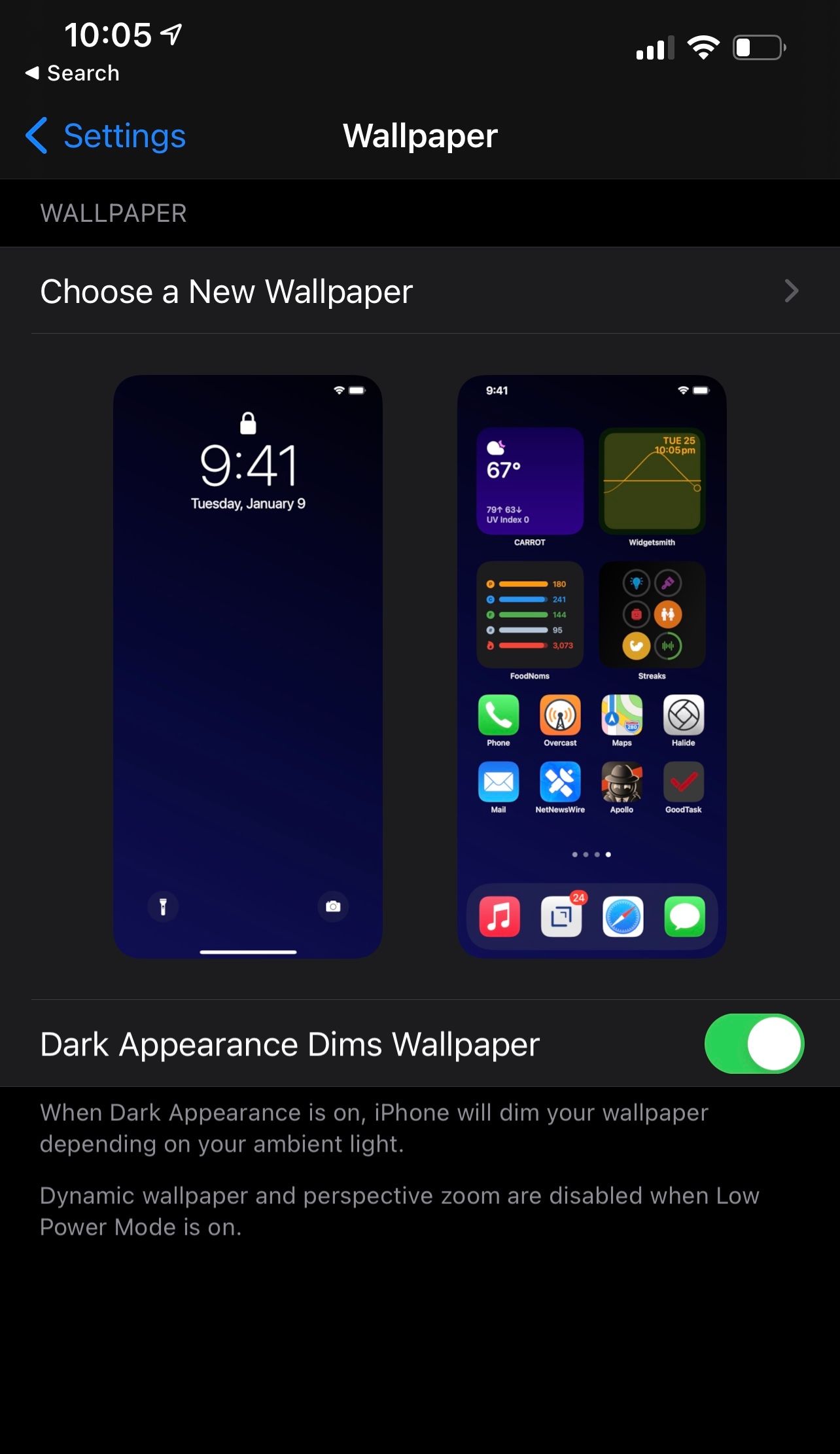 iPhone dark appearance dims wallpaper on