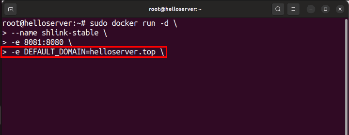 Терминал с примером значения DEFAULT_DOMAIN для Shlink.