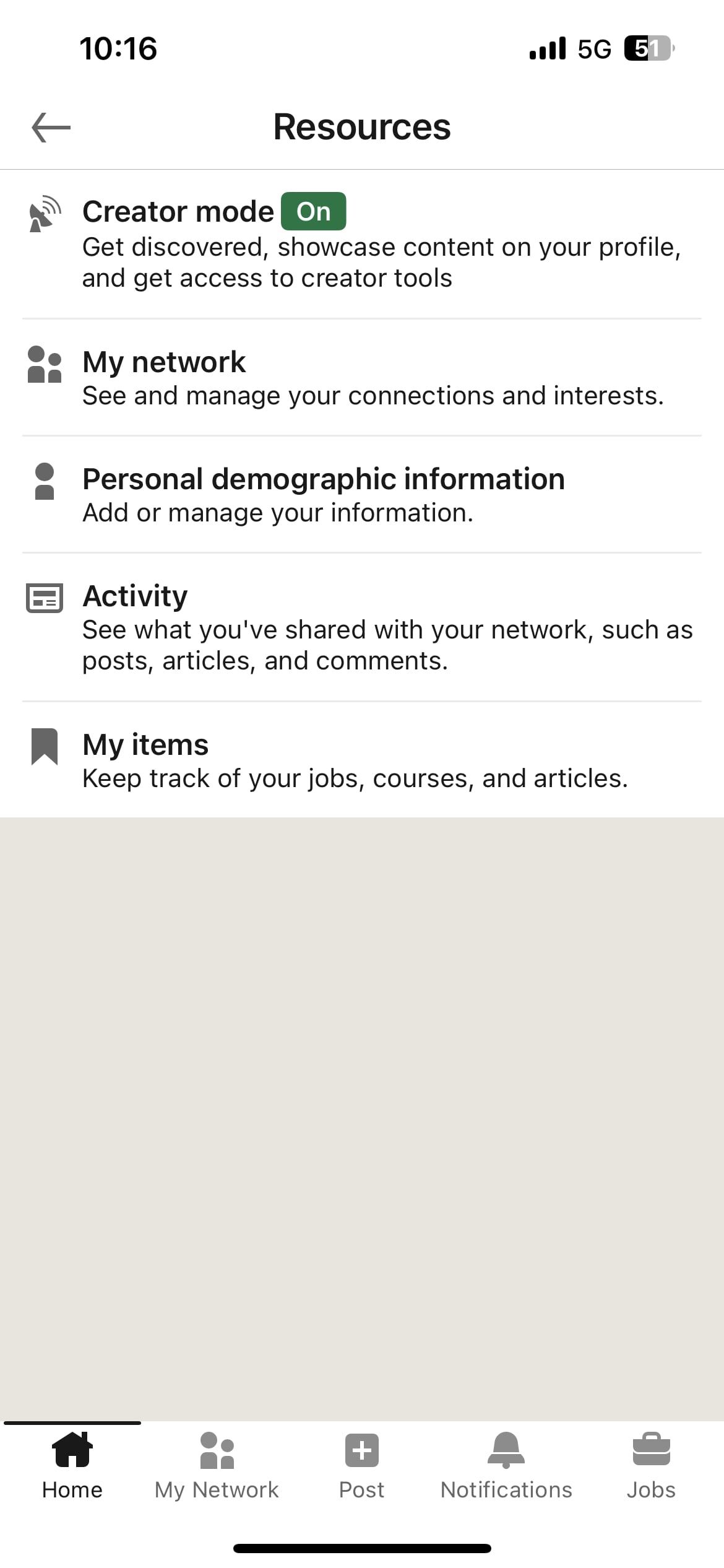 Пункт «My items» в мобильном интерфейсе LinkedIn