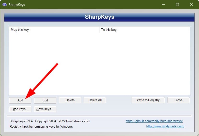 Окно SharpKeys с кнопкой Add