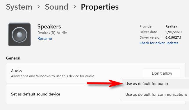 Выбор «Use as default for audio» или «Use as default for communications» в меню