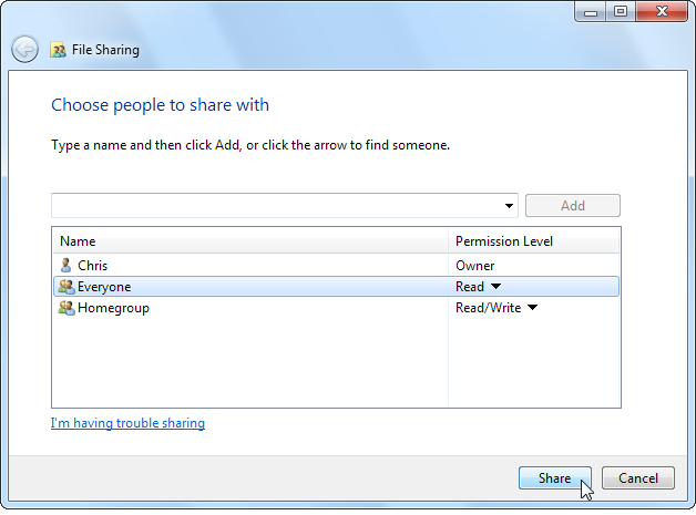 Кнопка Share для завершения настройки общего доступа к папке