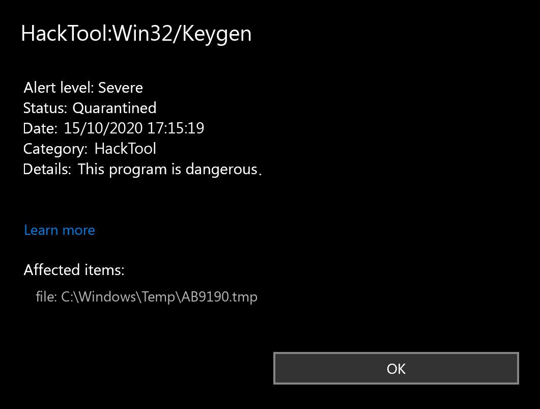 Диалог угрозы HackTool:Win32/Keygen в журнале защиты