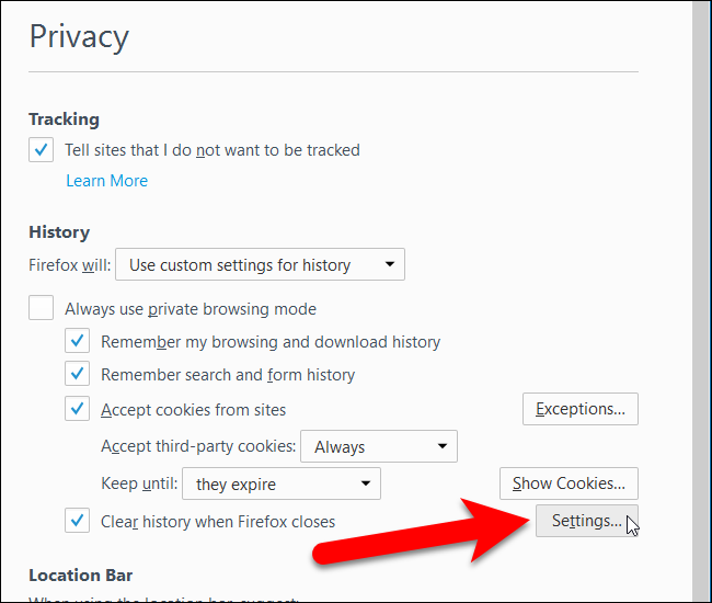 Настройки очистки истории в Firefox