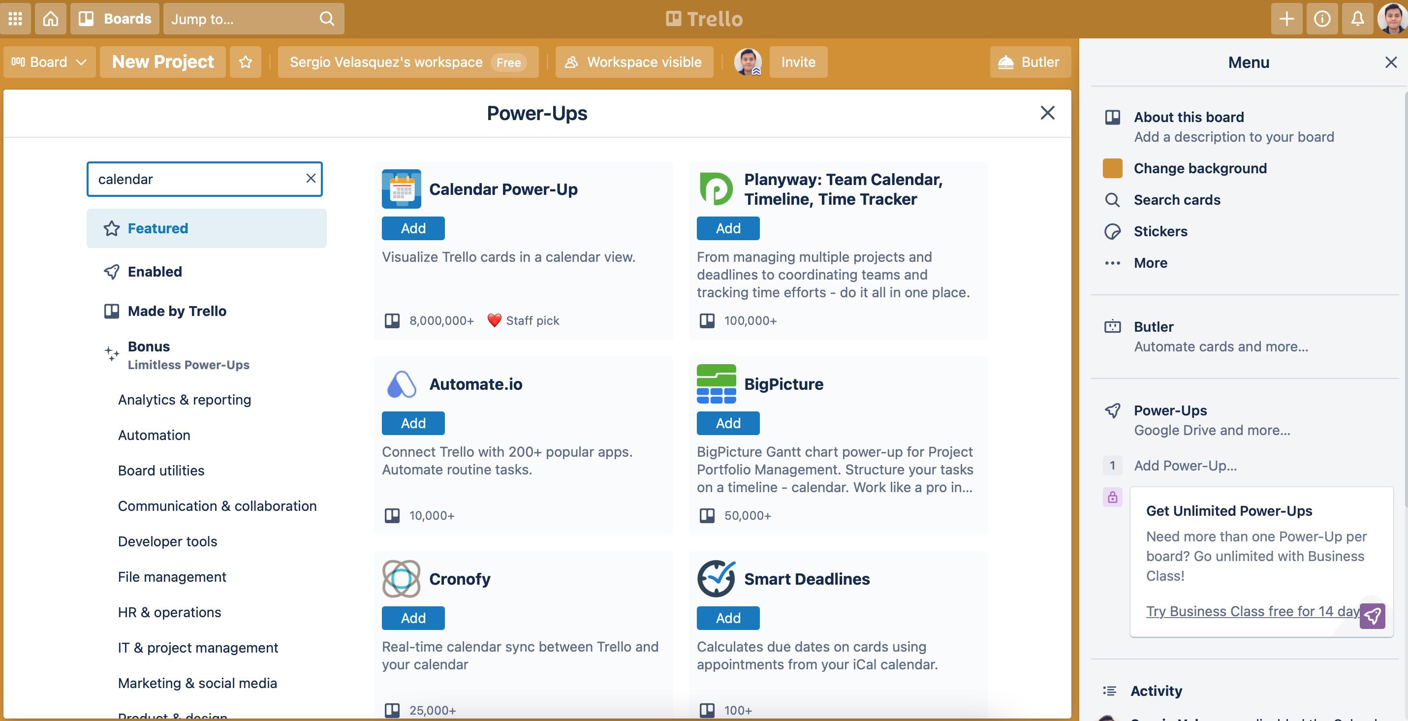 Меню Power-Ups в Trello с каталогом доп. функций