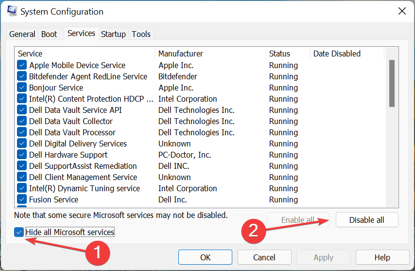 Скрыть службы Microsoft и отключить остальные