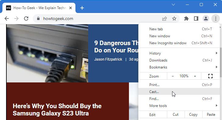 Показ меню трансляции в Chrome с выбором источника и устройств