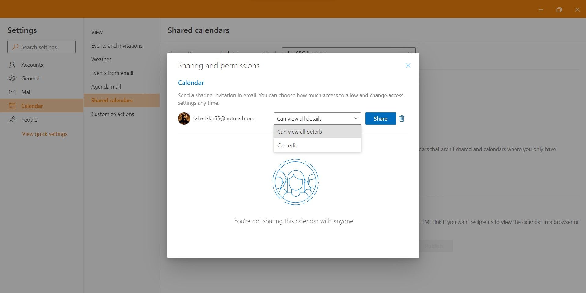 Интерфейс совместного доступа к календарю