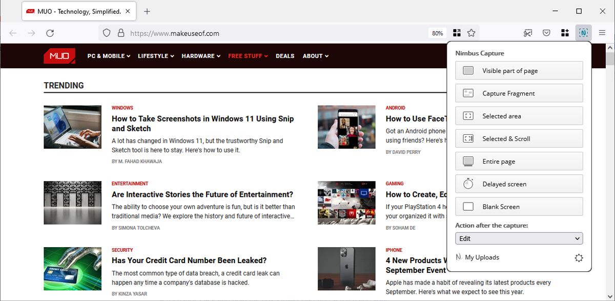 Меню расширения Nimbus в Firefox с опциями capture