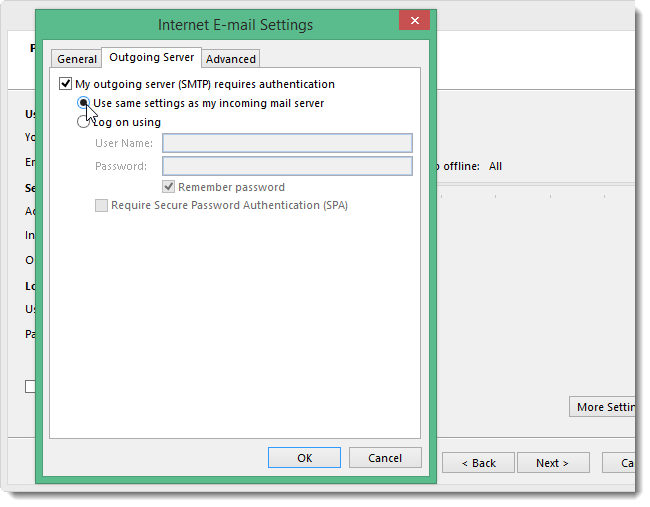 Настройка исходящего сервера в Outlook
