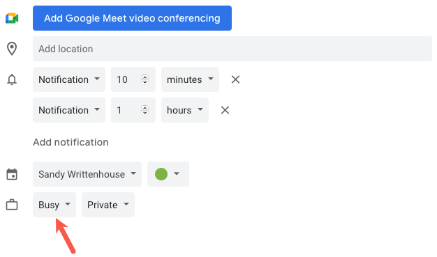 Опция Занят(а) в выпадающем списке доступности