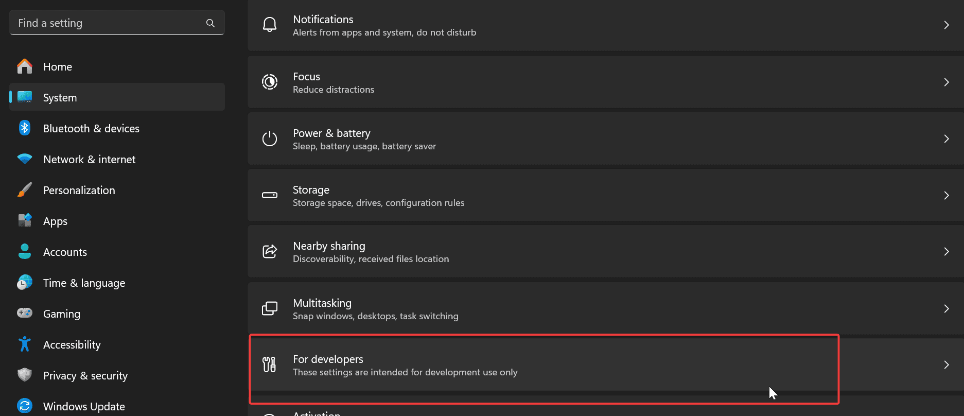 for developers settings windows