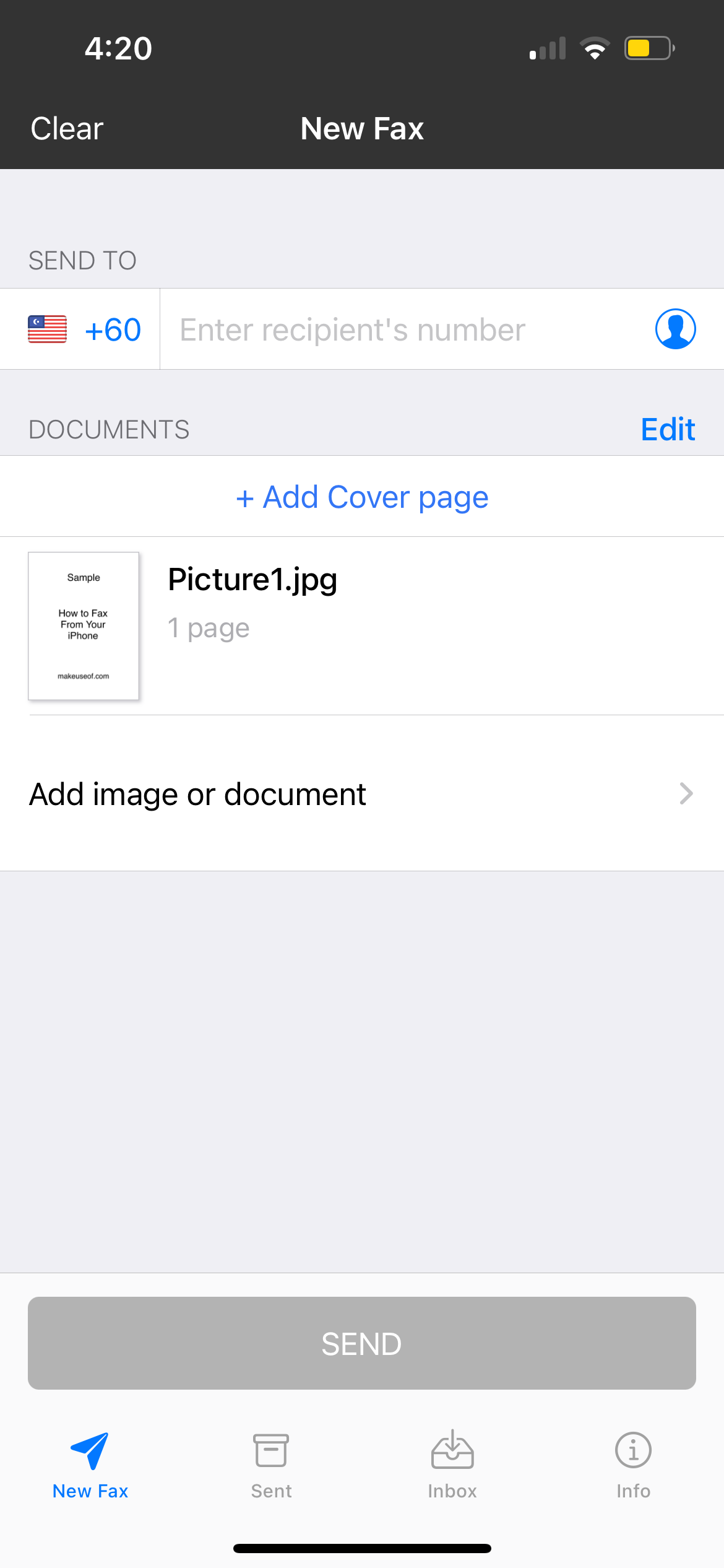 новое окно факса с добавленным изображением в FAX from iPhone