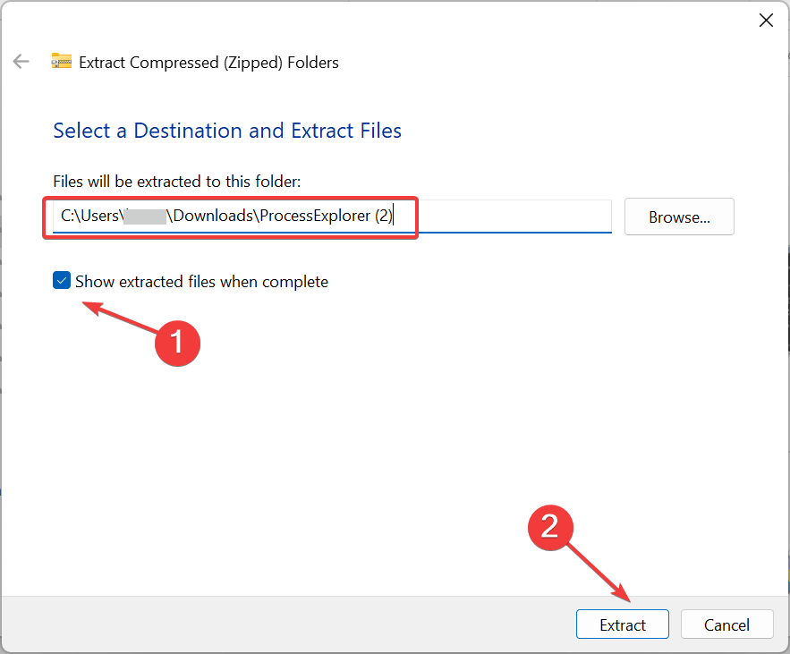 Окно извлечения файлов: выбор пути и опция показать файлы после завершения