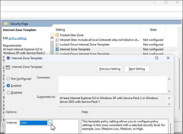 Параметры политики «Шаблон зоны Интернета» в Редакторе локальной групповой политики