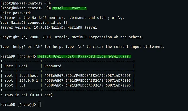 MariaDB 사용자 확인 스크린샷